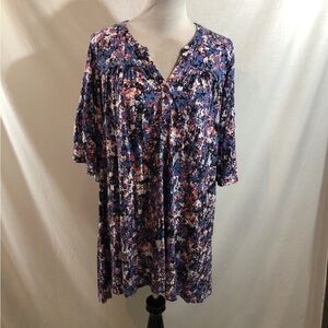 Chelsea Navy Short Sleeve Top, Floral Print, 1/4 Button Up - Womens 1X,Bust 23”